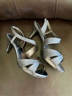 Covington Silver Glitter Strappy Heels with Slingback